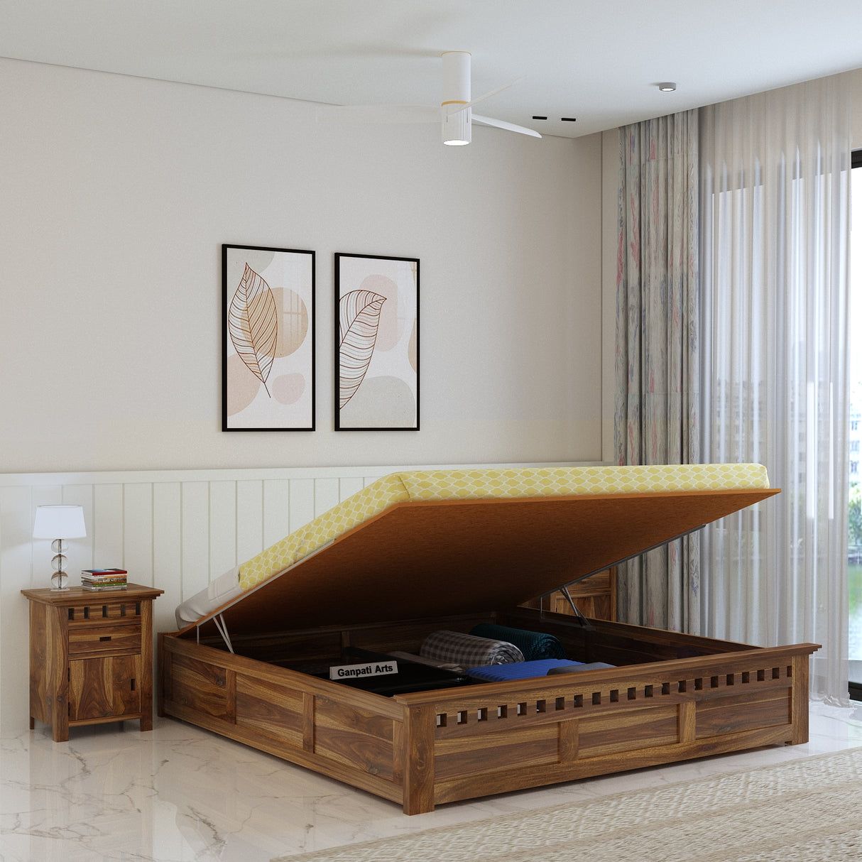 Armania Solid Sheesham Wood Bed With Hydraulic Storage Without Headboard - 3 years Warranty