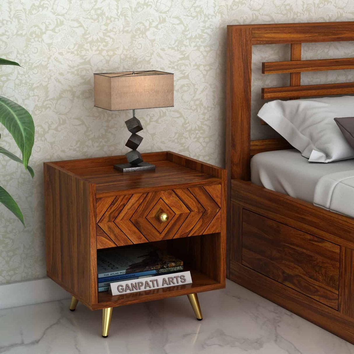 Wave Solid Sheesham Wood Bedside With Storage - 3 Years Warranty