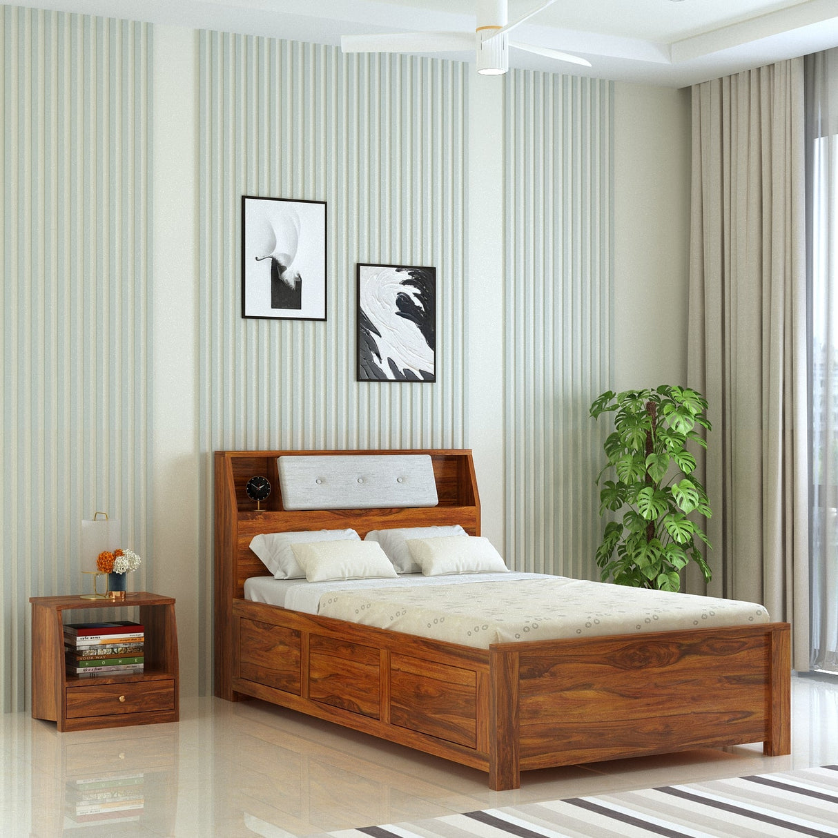 Marine Solid Sheesham Wood 4 Feet Bed With Box Storage(BIG HEADREST)- 3 Years Warranty