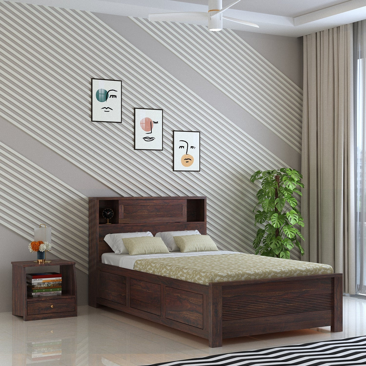 Maharaja Groove Solid Sheesham Wood 4 Feet Bed With Box Storage - 3 years Warranty