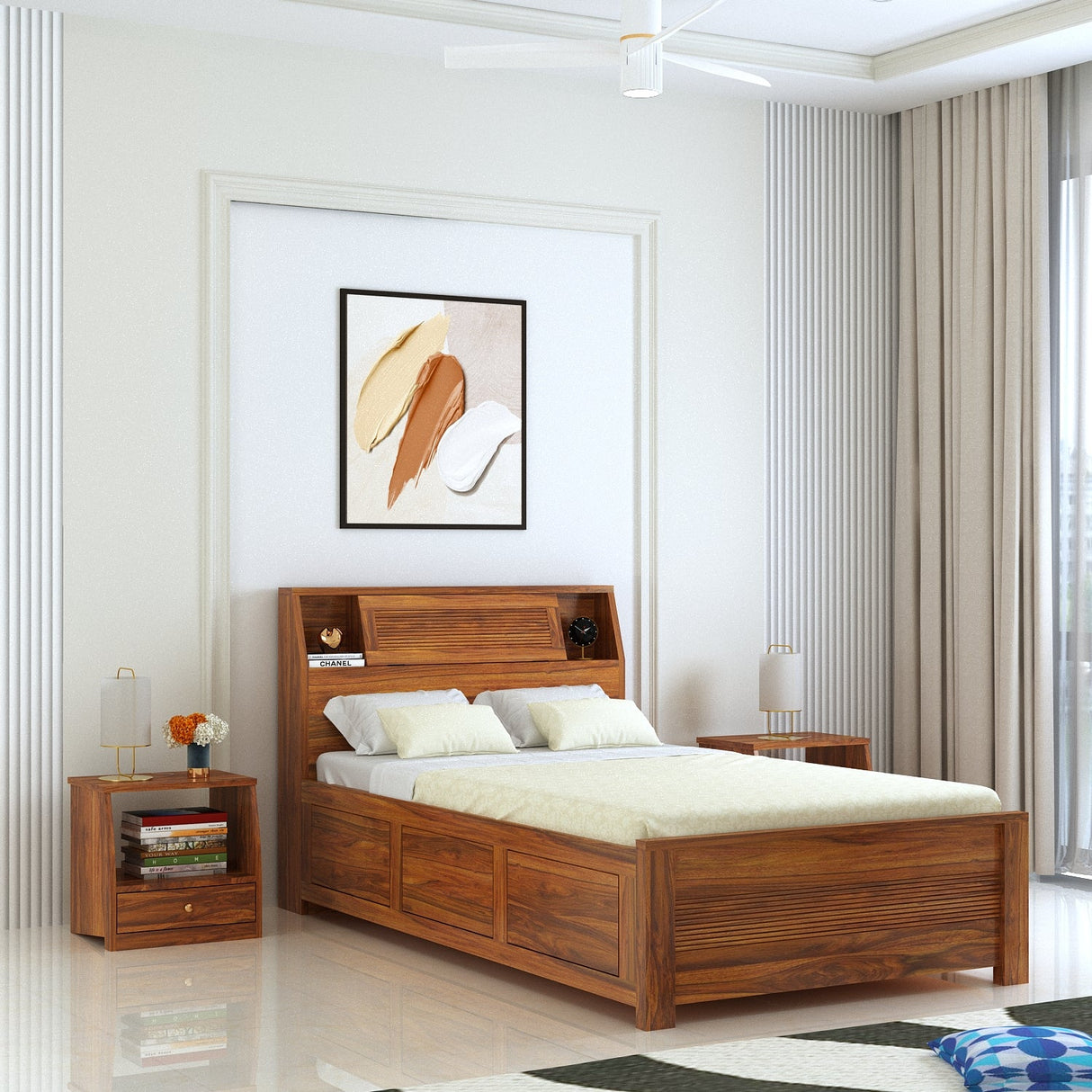 Marine Groove Solid Sheesham Wood 4 Feet Bed With Box Storage(BIG HEADREST)- 3 years Warranty