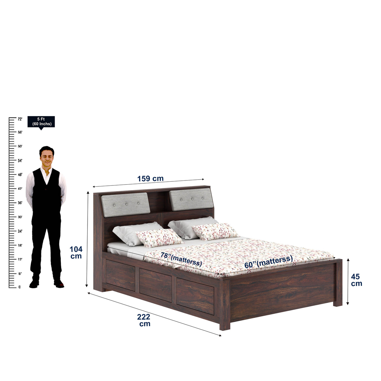 Marine Solid Sheesham Wood Bed With Box Storage(BIG HEADREST)- 1 Year Warranty