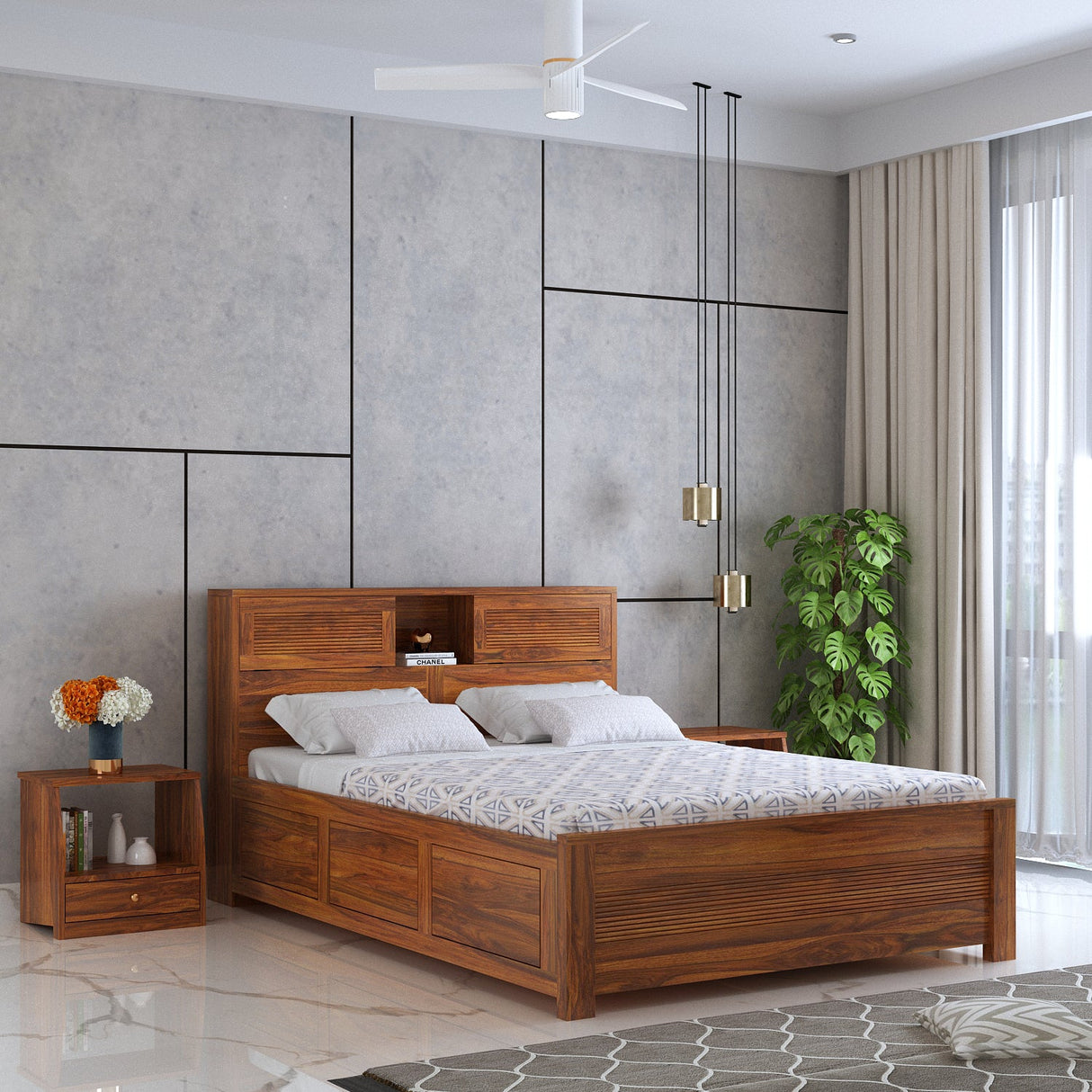 Maharaja Groove Solid Sheesham Wood Bed With Box Storage - 3 years Warranty