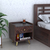 Wave Solid Sheesham Wood Bedside With Granite Top and Storage - 1 Year Warranty