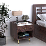 Wave Solid Sheesham Wood Bedside With Marble Top and Storage - 1 Year Warranty