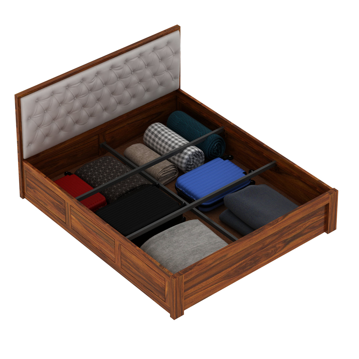 Decan Solid Sheesham Wood Bed with Box Storage and Upholstery Headboard - 3 Years Warranty