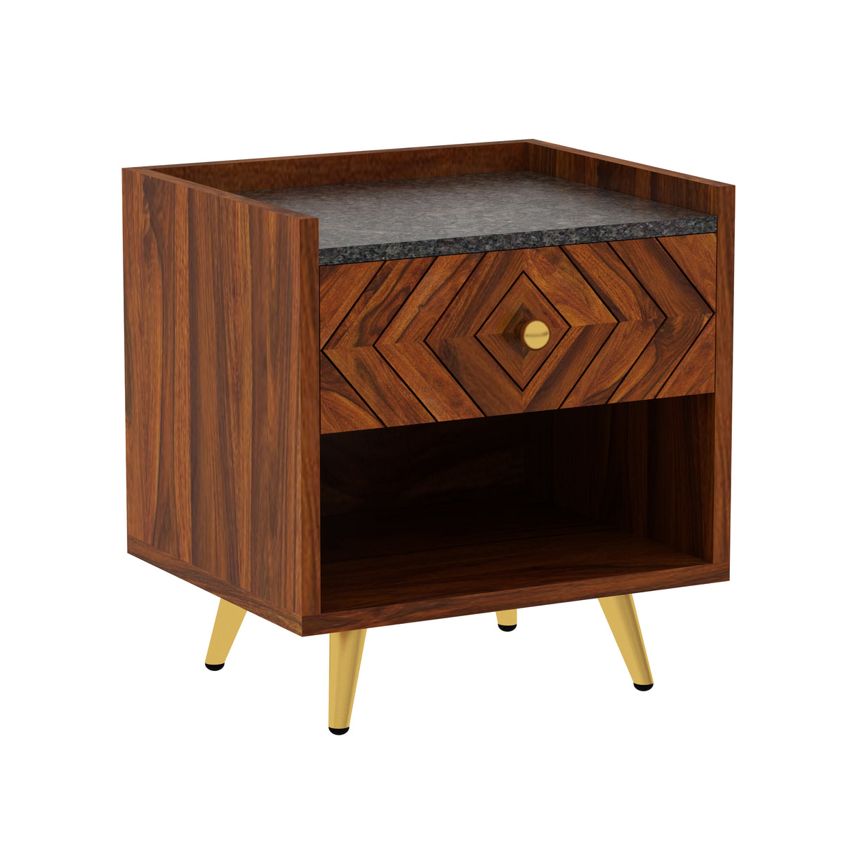 Wave Solid Sheesham Wood Bedside With Granite Top and Storage - 3 Years Warranty