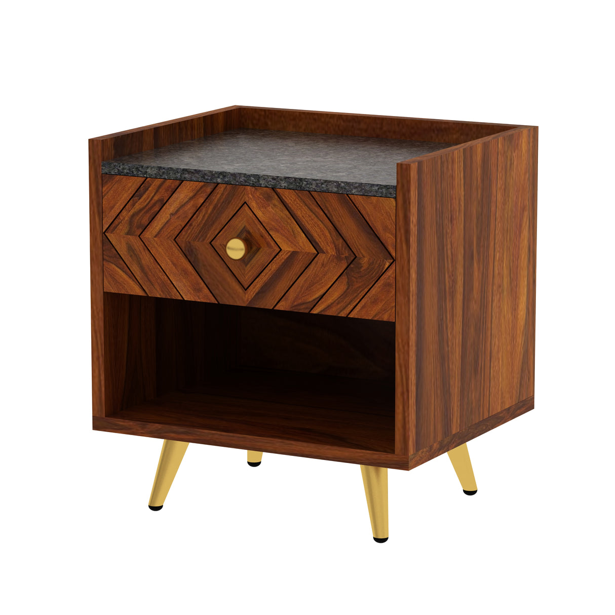 Wave Solid Sheesham Wood Bedside With Granite Top and Storage - 3 Years Warranty