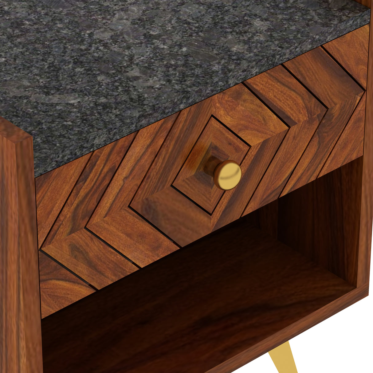 Wave Solid Sheesham Wood Bedside With Granite Top and Storage - 3 Years Warranty