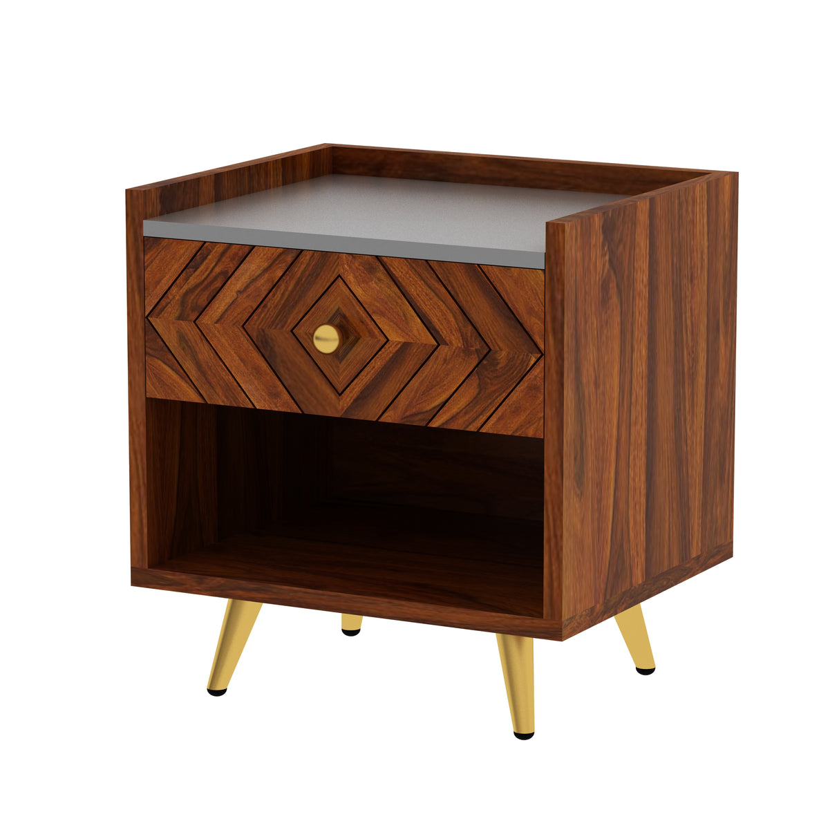Wave Solid Sheesham Wood Bedside With Gray Top and Storage - 3 Years Warranty