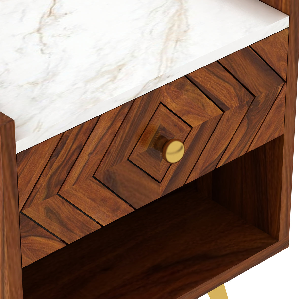 Wave Solid Sheesham Wood Bedside With Marble Top and Storage - 3 Years Warranty