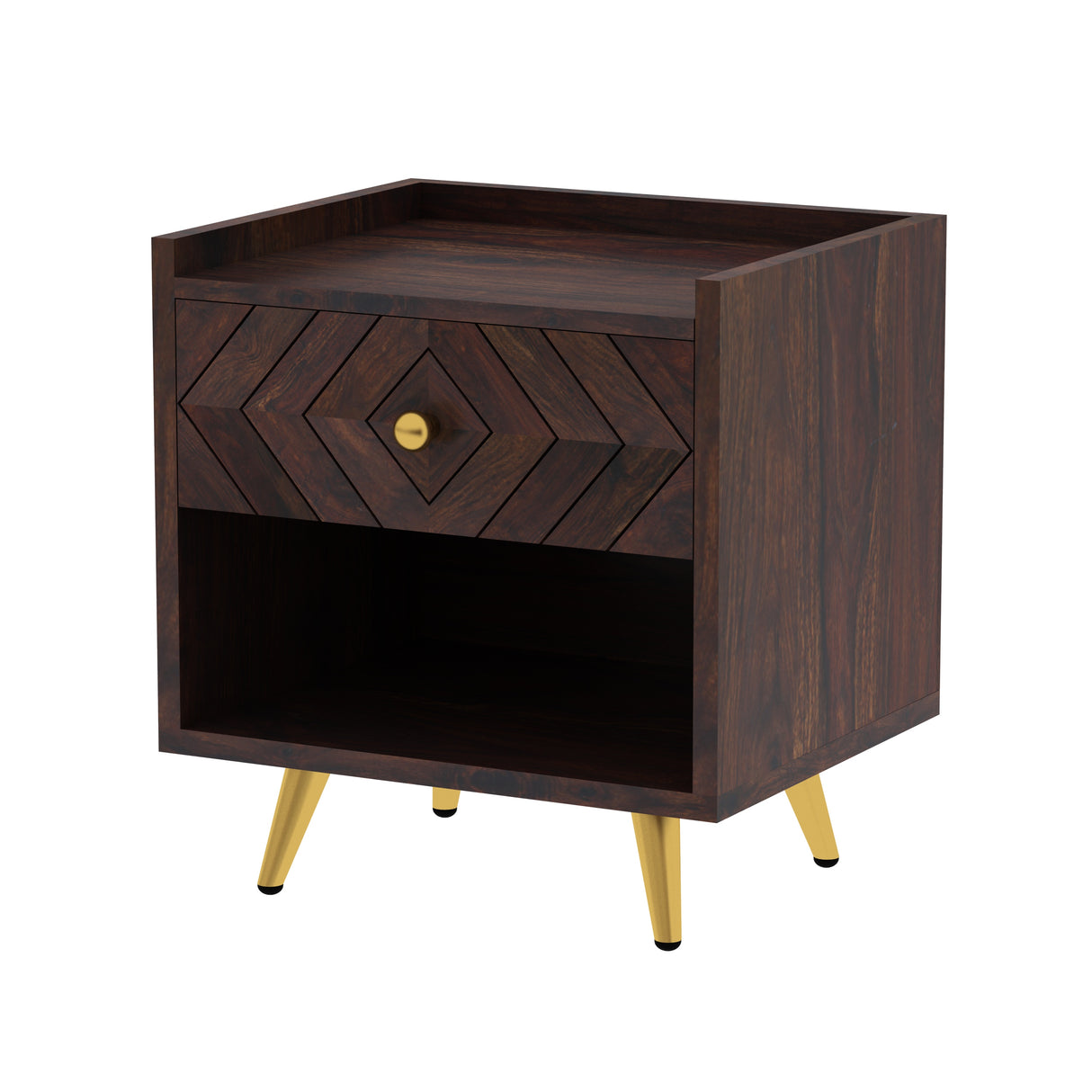 Wave Solid Sheesham Wood Bedside With Storage - 3 Years Warranty