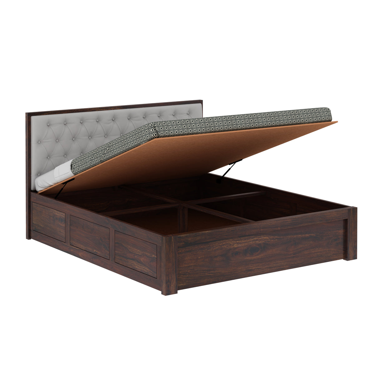 Decan Solid Sheesham Wood Bed with Hydraulic Storage and Upholstery Headboard - 3 Years Warranty