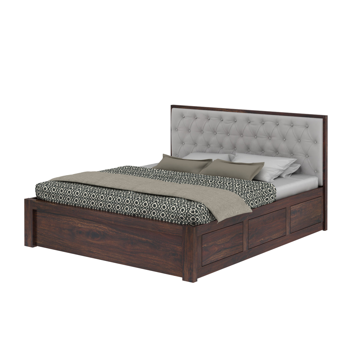 Decan Solid Sheesham Wood Bed with Hydraulic Storage and Upholstery Headboard - 3 Years Warranty