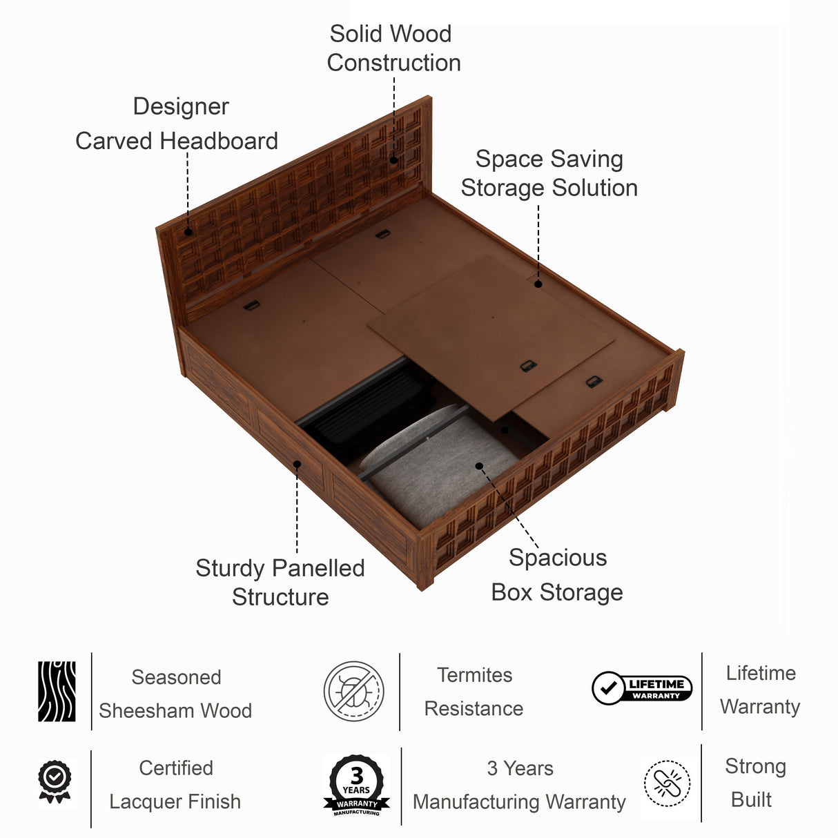 LUXOR Solid Sheesham Wood Box Storage Bed - 3 Years Warranty