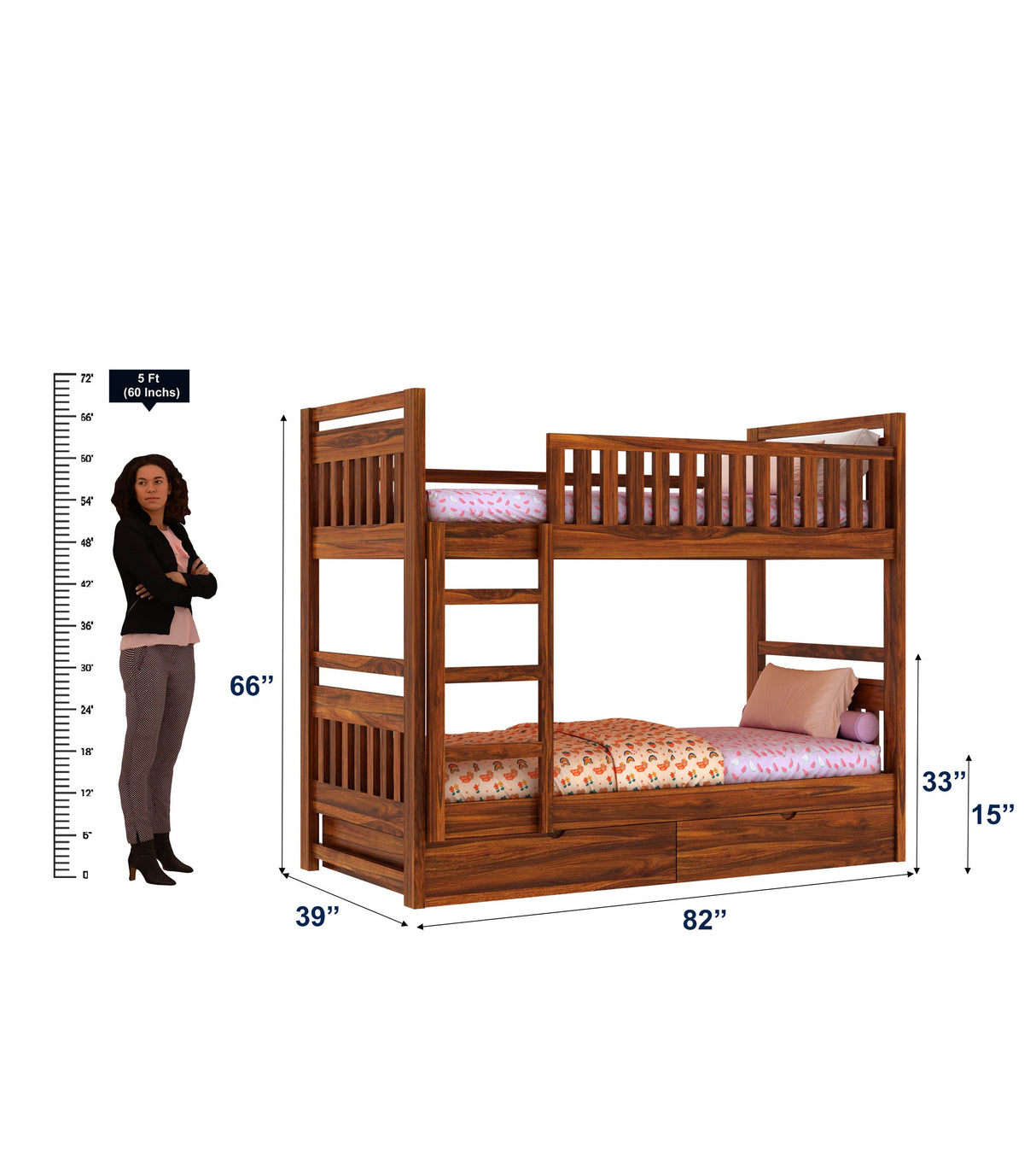 Swift Solid Sheesham Wood Bunk Bed With Ladder & Two Drawer Storage - 3 years Warranty