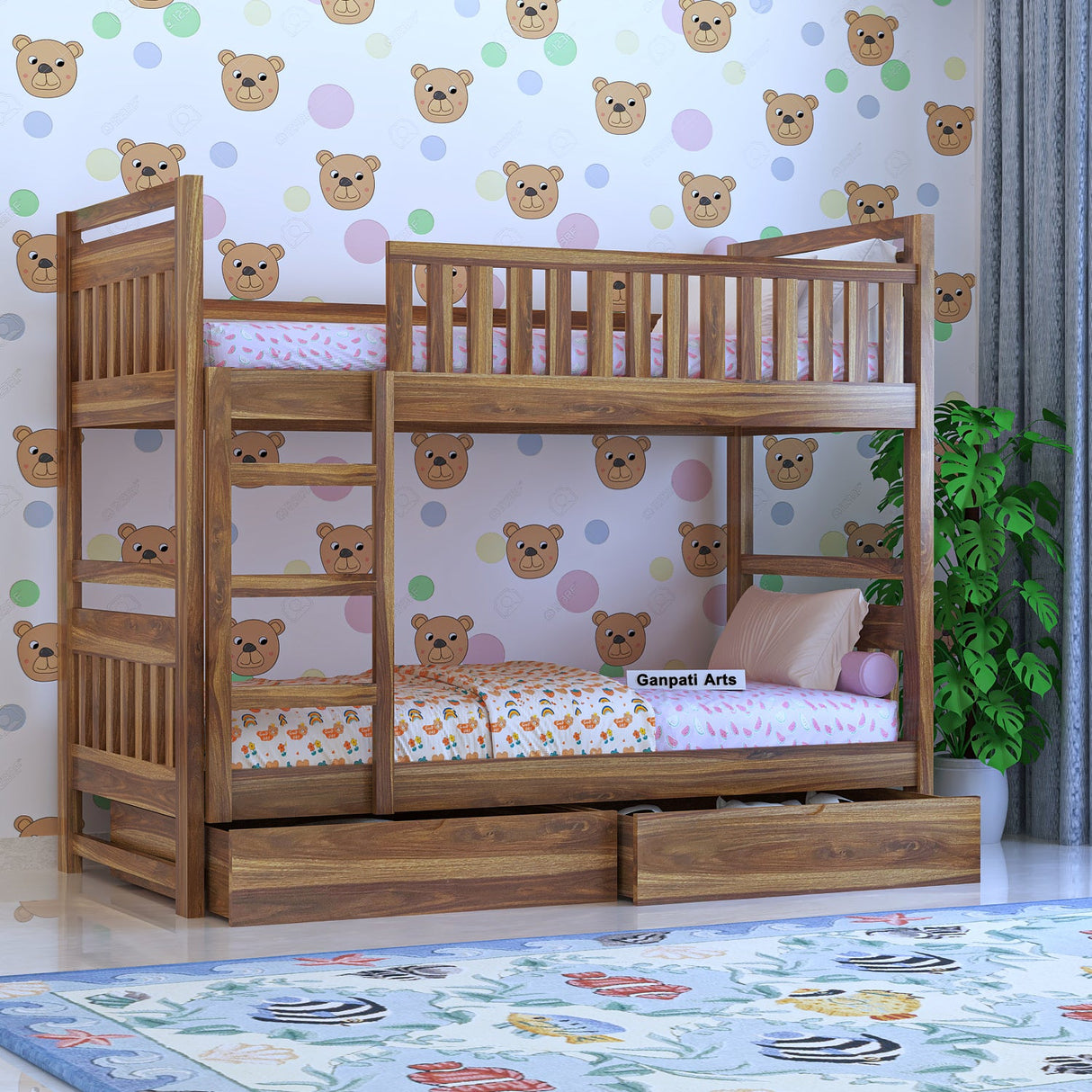 Swift Solid Sheesham Wood Bunk Bed With Ladder & Two Drawer Storage - 3 years Warranty