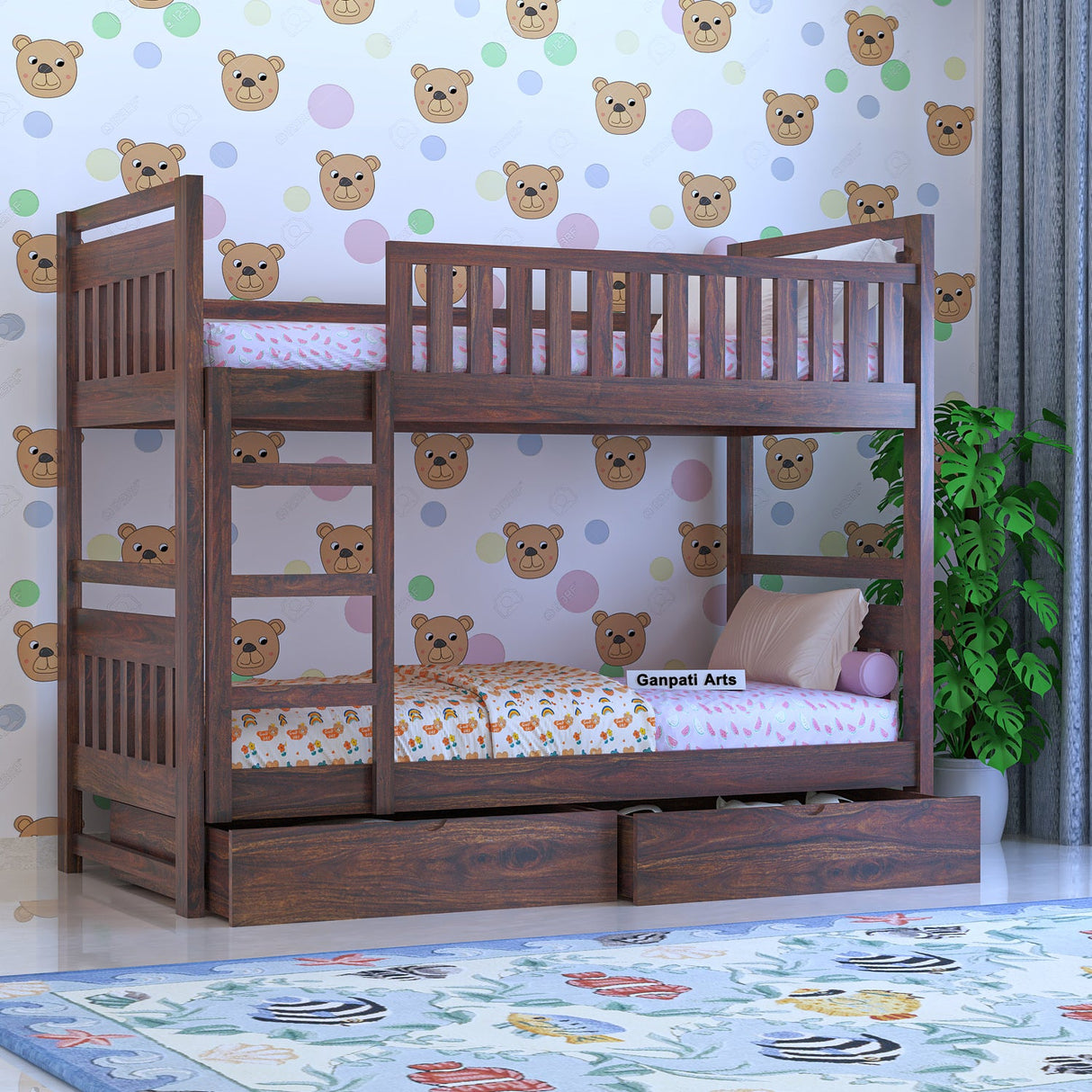 Swift Solid Sheesham Wood Bunk Bed With Ladder & Two Drawer Storage - 3 years Warranty