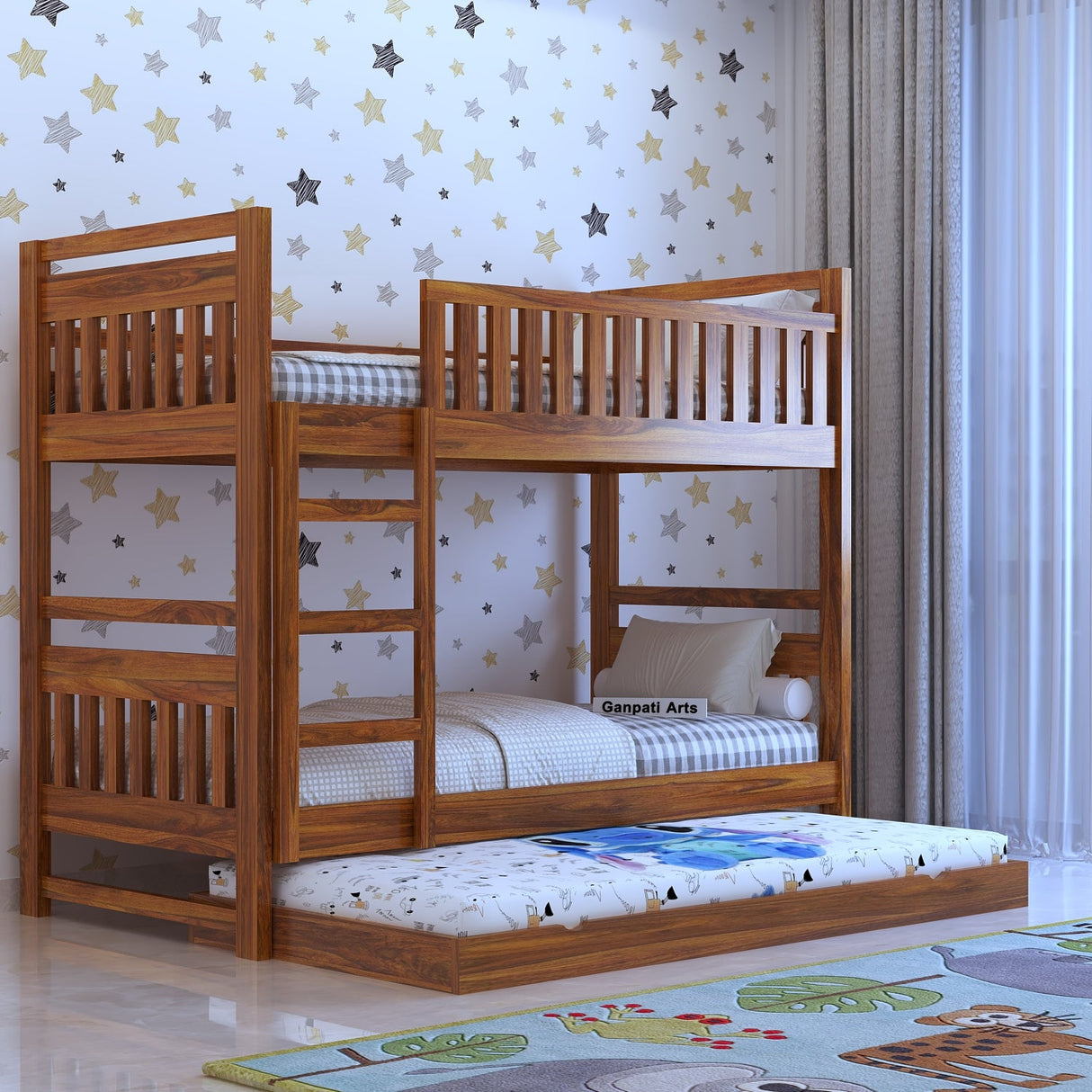 Swift Solid Sheesham Wood Bunk Bed With Ladder & Trundle Bed - 3 years Warranty