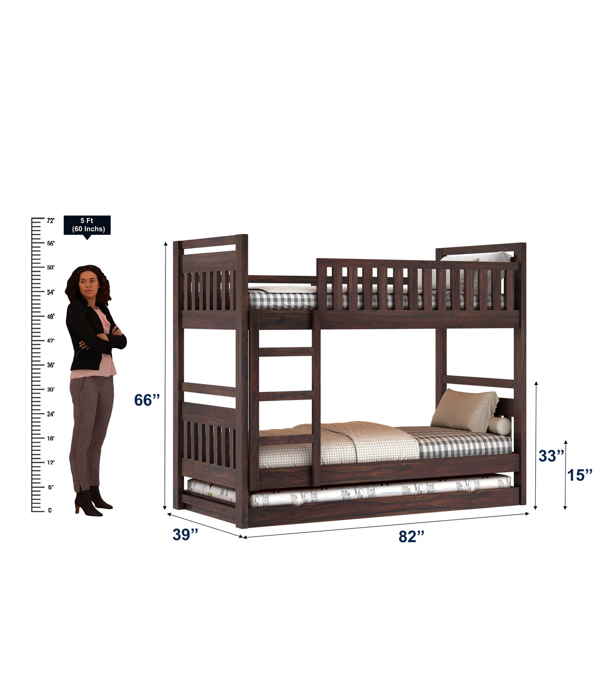 Swift Solid Sheesham Wood Bunk Bed With Ladder & Trundle Bed - 3 years Warranty