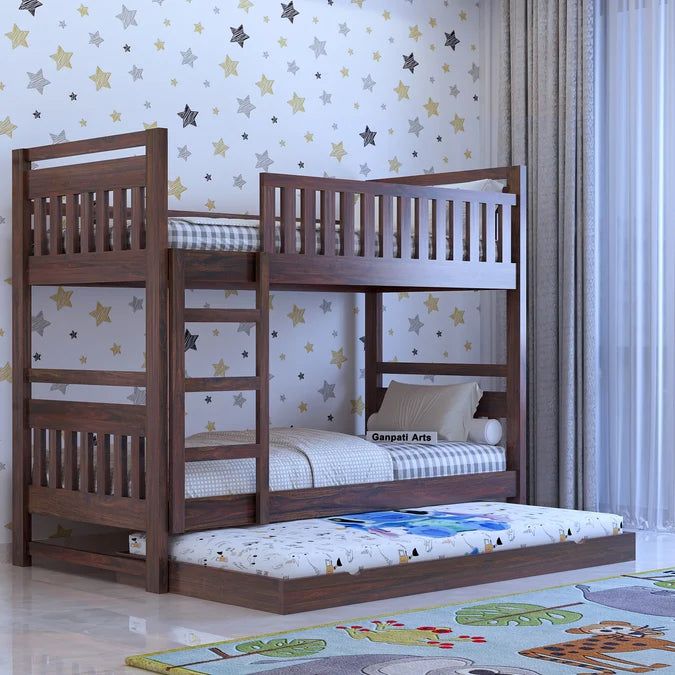 Swift Solid Sheesham Wood Bunk Bed With Ladder & Trundle Bed - 3 years Warranty features