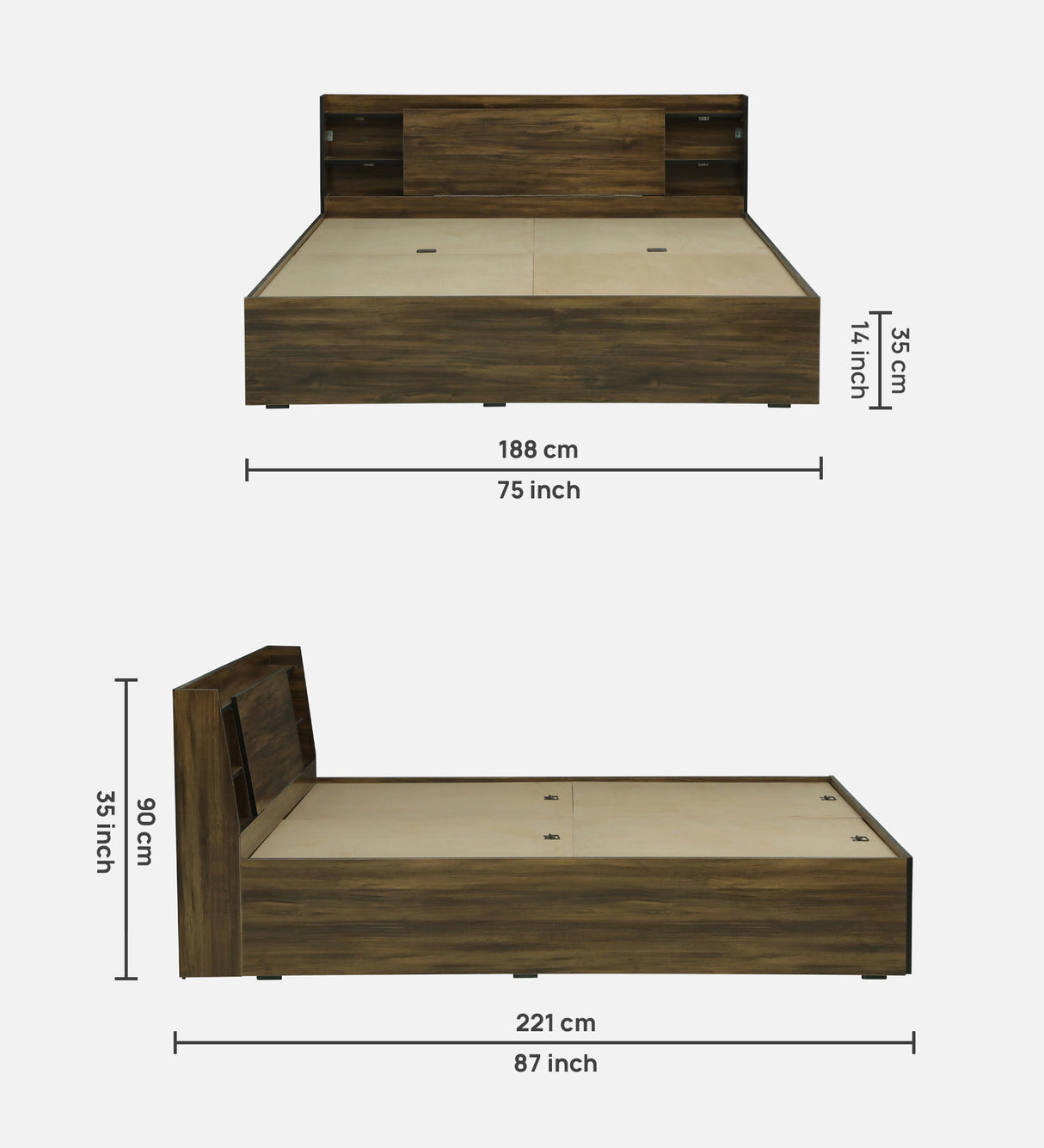 Vento Engineered Wood Bed with Box and Headboard Storage (Walnut) - 12 Months Warranty