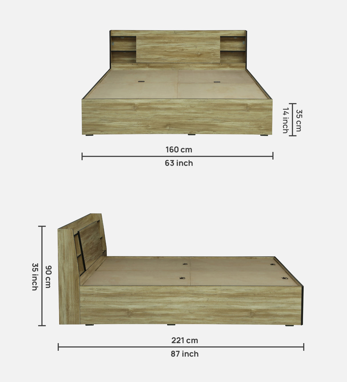 Vento Engineered Wood Bed with Box and Headboard Storage (STONE) - 12 Months Warranty