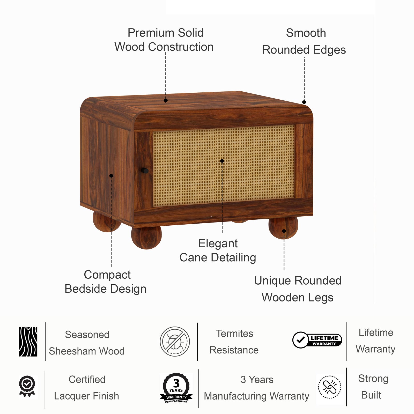 Naptune Solid Sheesham Wood Bedside Table - 3 Years Warranty features
