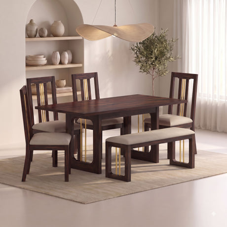 Edin Solid Sheesham Wood 6 Seater Dining Set With 4 Chairs and Bench - 3 Years Warranty
