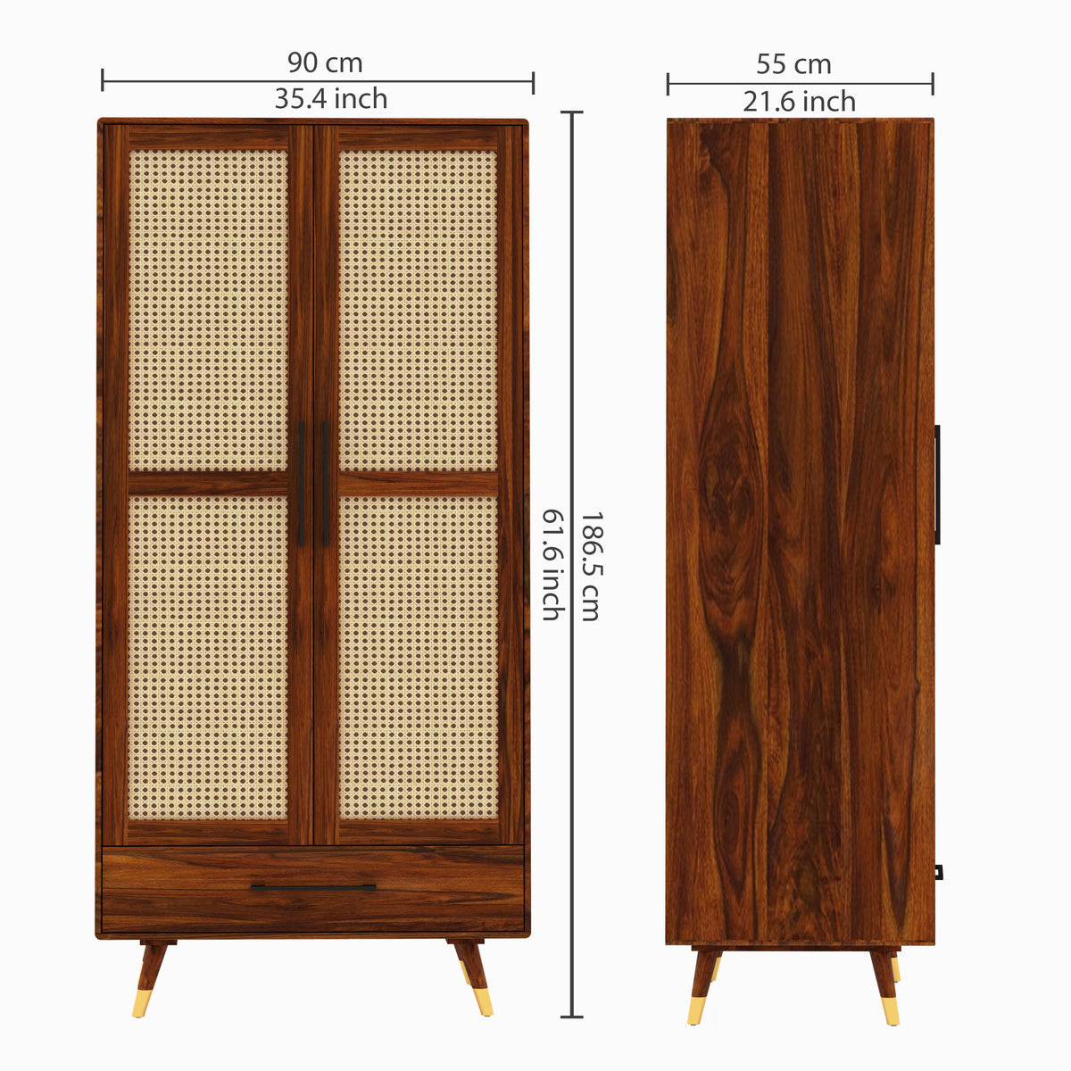 Riverton Solid Sheesham Wood Wardrobe With Two Doors and Drawer - 3-Year Warranty