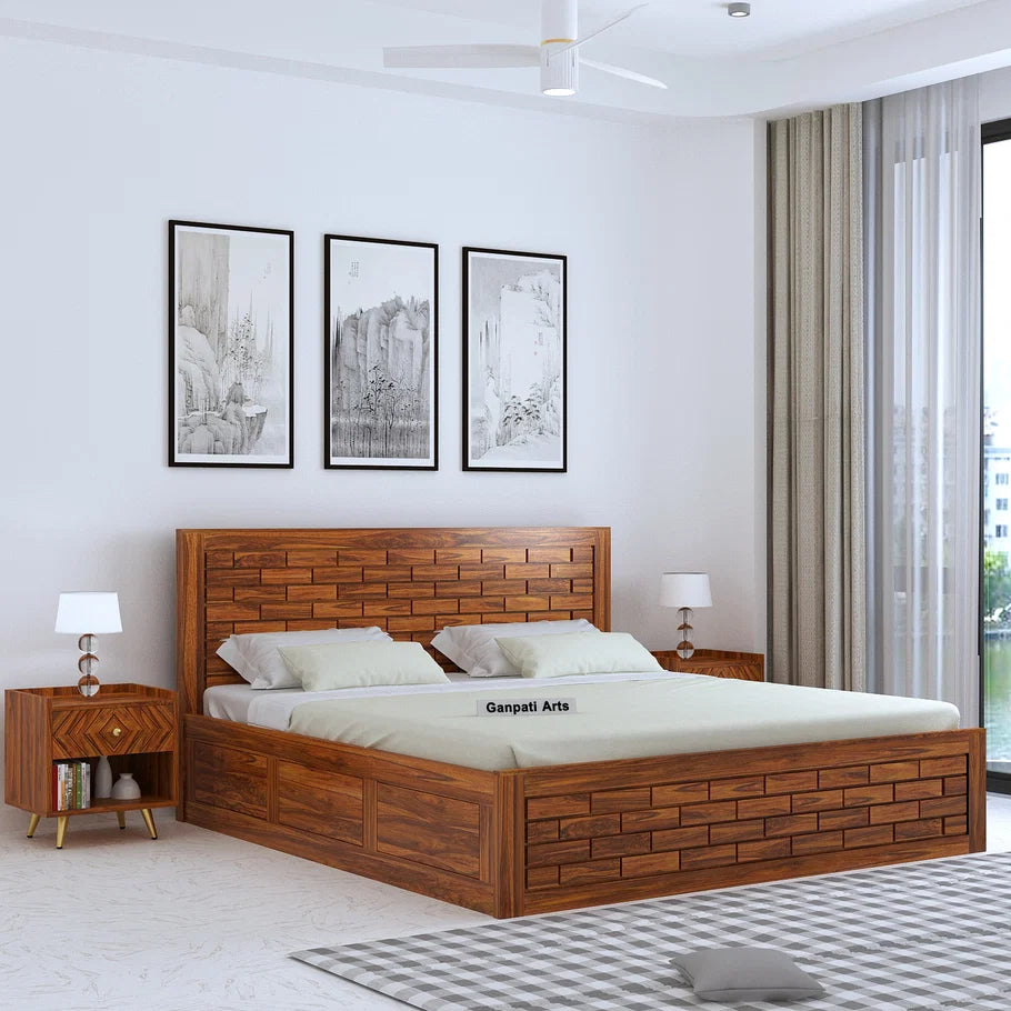 Italian Solid Sheesham Wood Bed with Box Storage FULL Headboard -  3 Years Warranty features