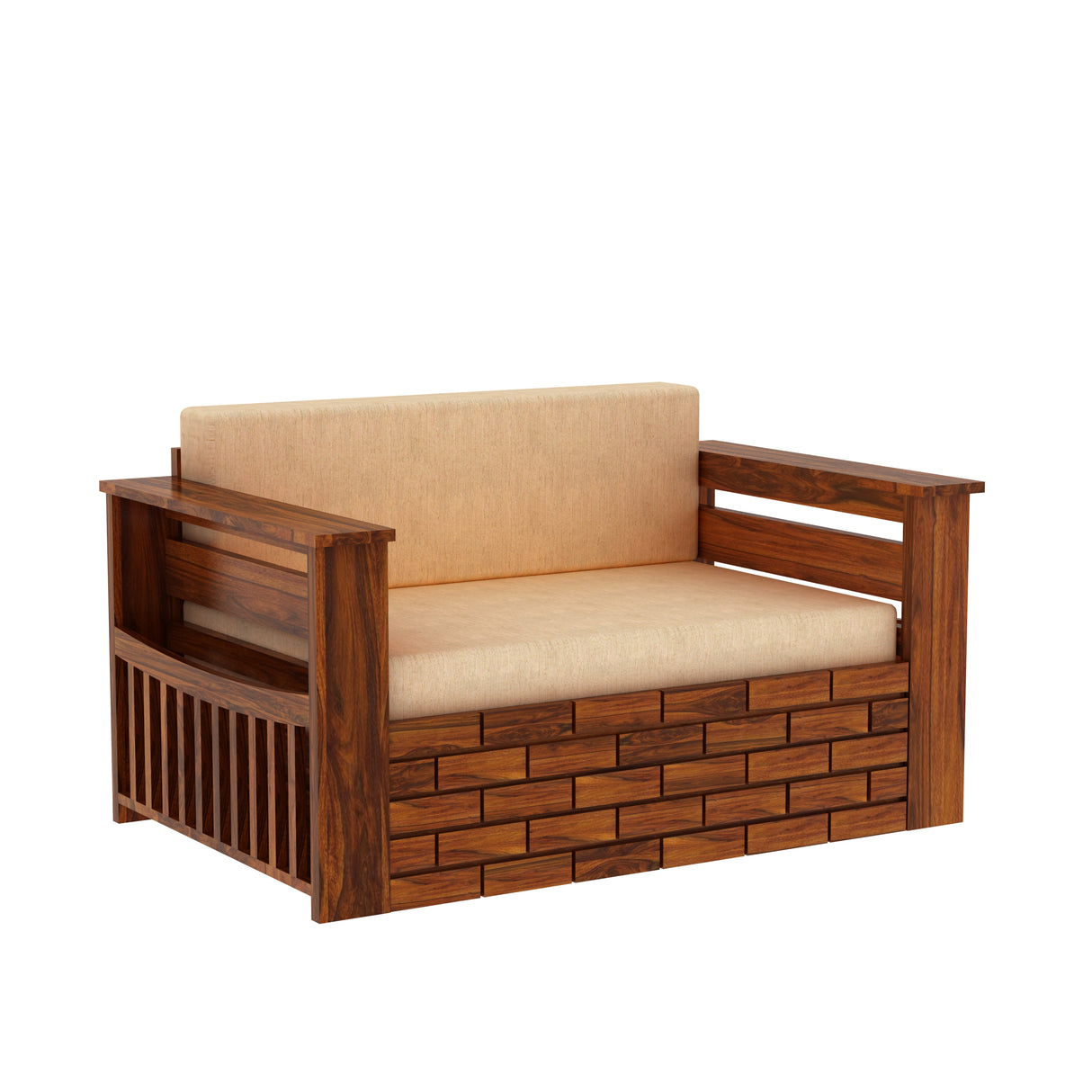Italian Solid Sheesham Wood 2 Seater Sofa Cum Bed With Headboard and Mini Storage - 3 Years Warranty