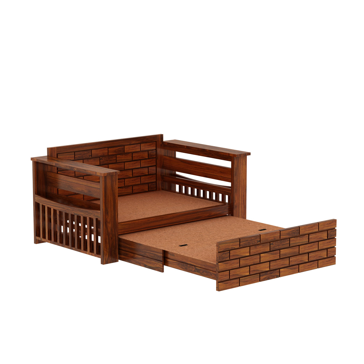 Italian Solid Sheesham Wood 2 Seater Sofa Cum Bed With Headboard and Mini Storage - 3 Years Warranty