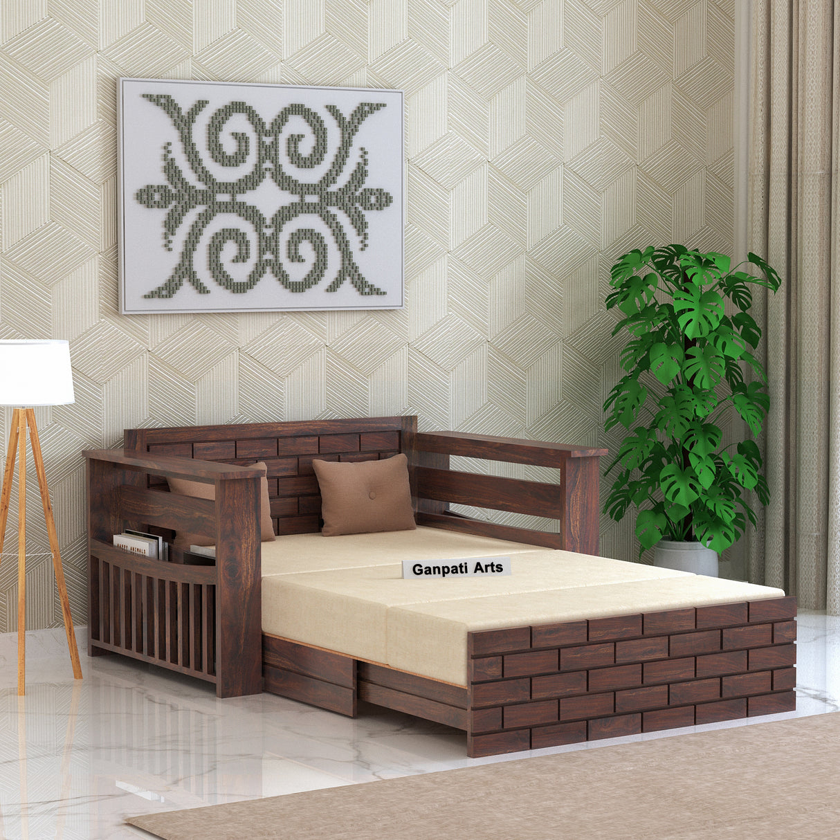 Italian Solid Sheesham Wood 2 Seater Sofa Cum Bed With Headboard and Mini Storage - 3 Years Warranty