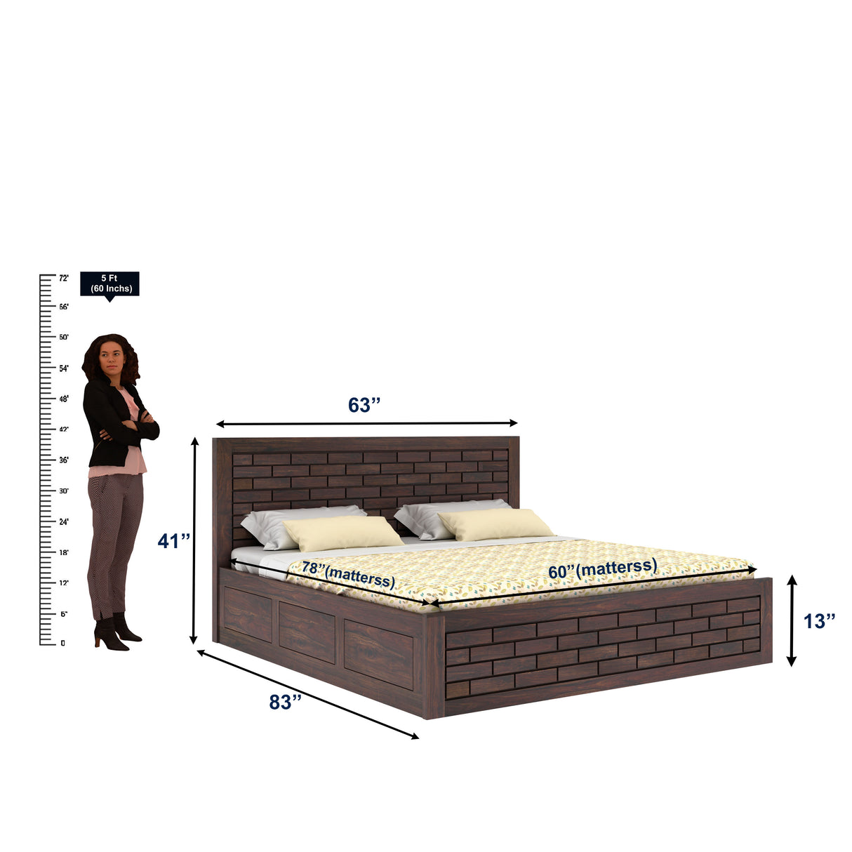 Italian Solid Sheesham Wood Bed with Hydraulic Box Storage FULL Headboard - 3 Years Warranty