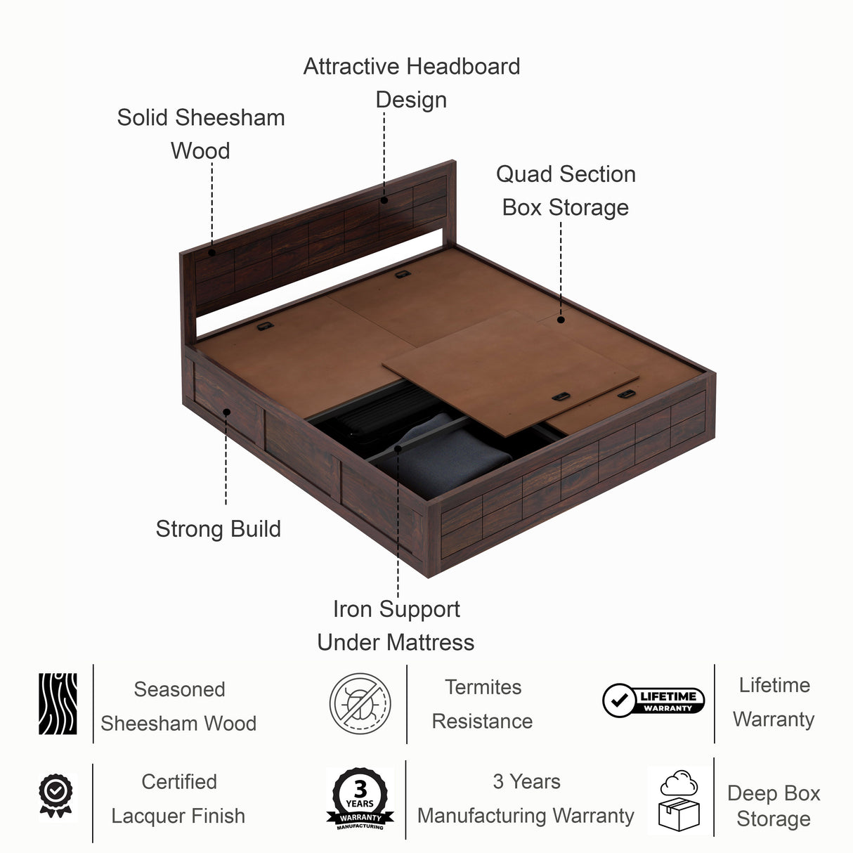 SKYLER Solid Sheesham Wood Box Storage Bed - 3 years Warranty