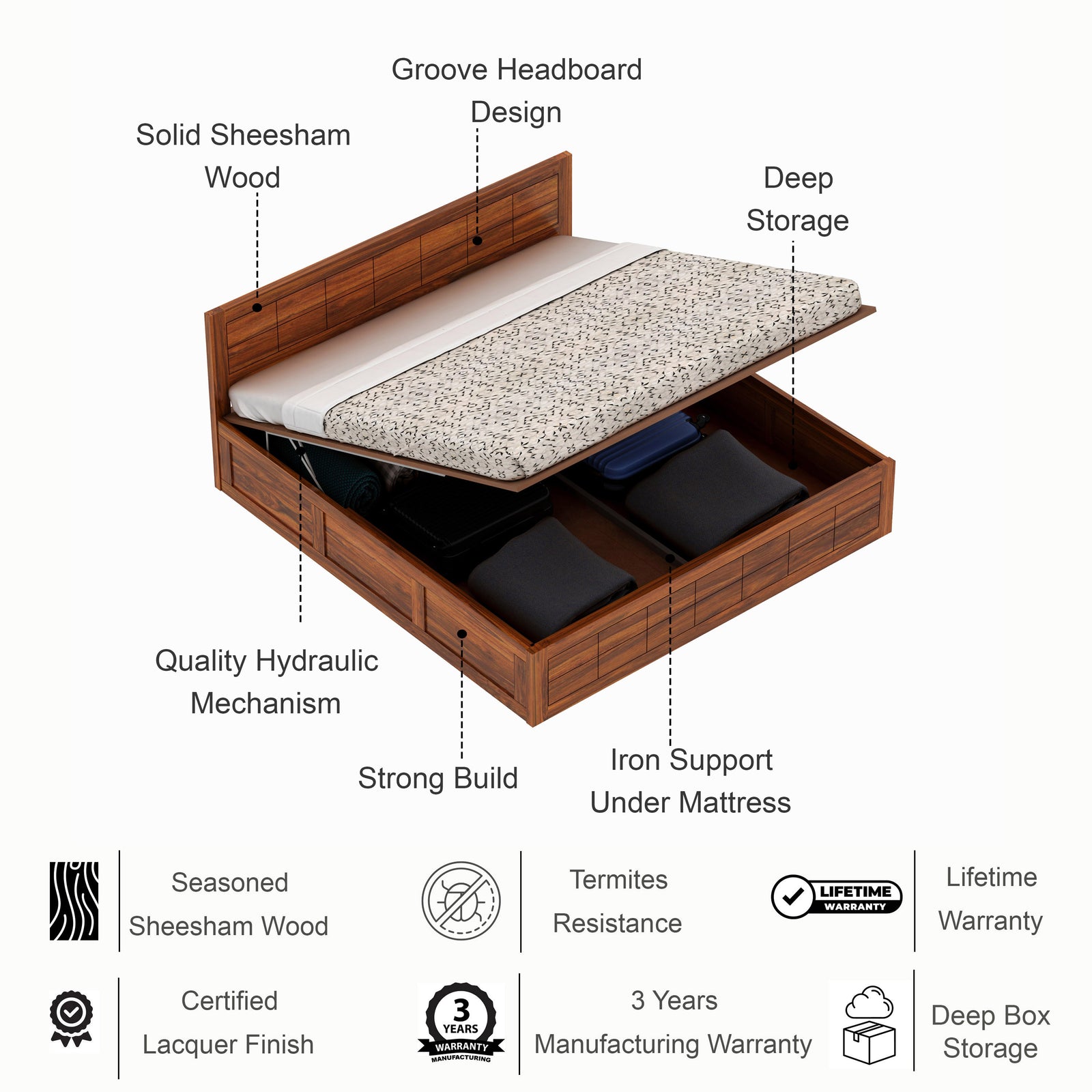 SKYLER Solid Sheesham Wood Hydraulic Storage Bed - 3 years Warranty features