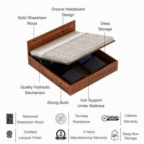 SKYLER Solid Sheesham Wood Hydraulic Storage Bed - 3 years Warranty