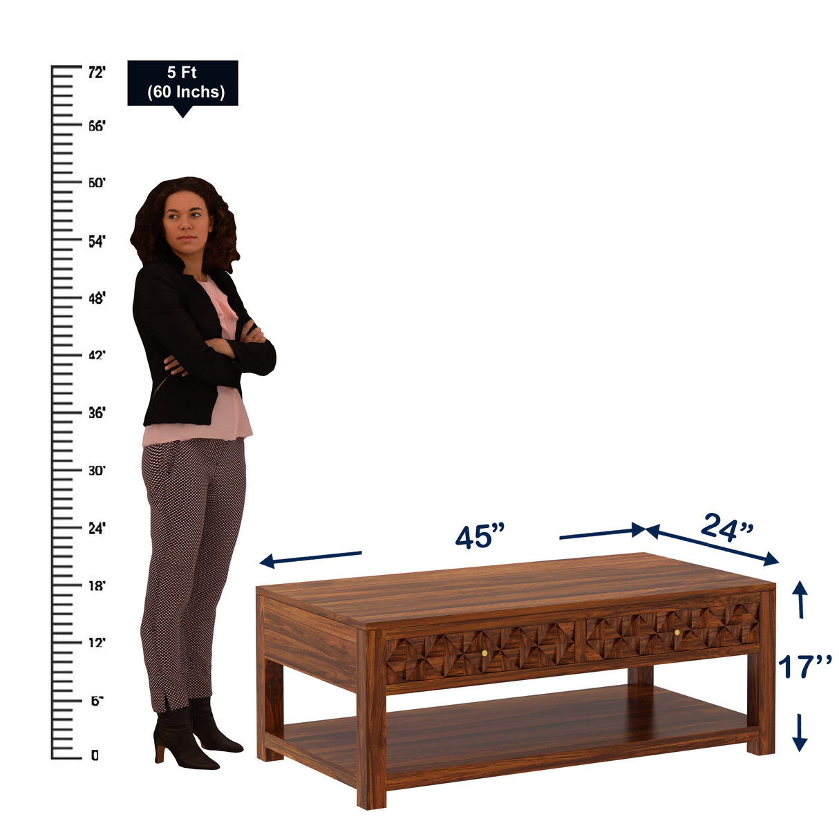 Raj Solid Wood Coffee Table With Two Drawer Storage - 3 Years Warranty