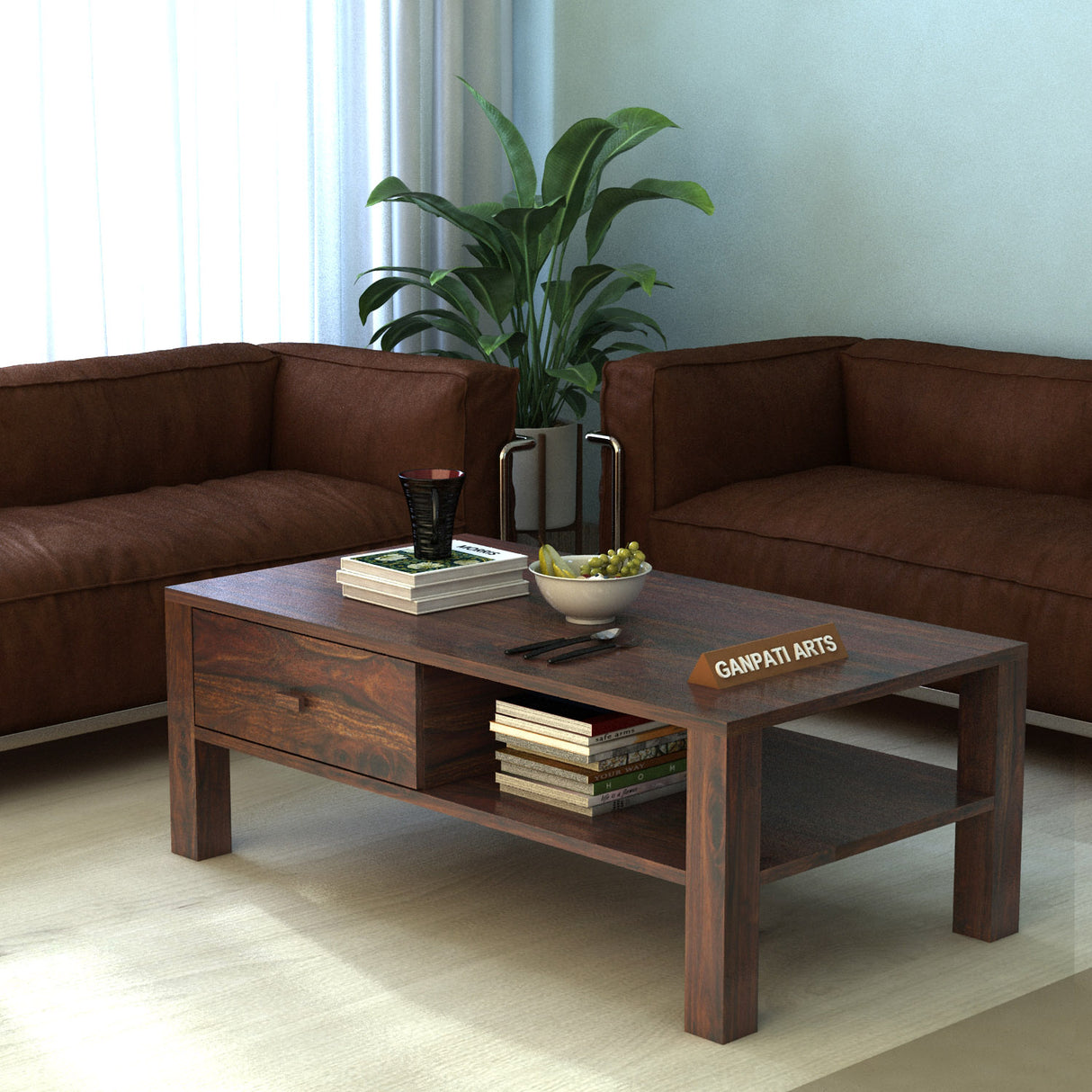 Lurid Solid Sheesham Wood Coffee Table With Drawer - 3 Years Warranty