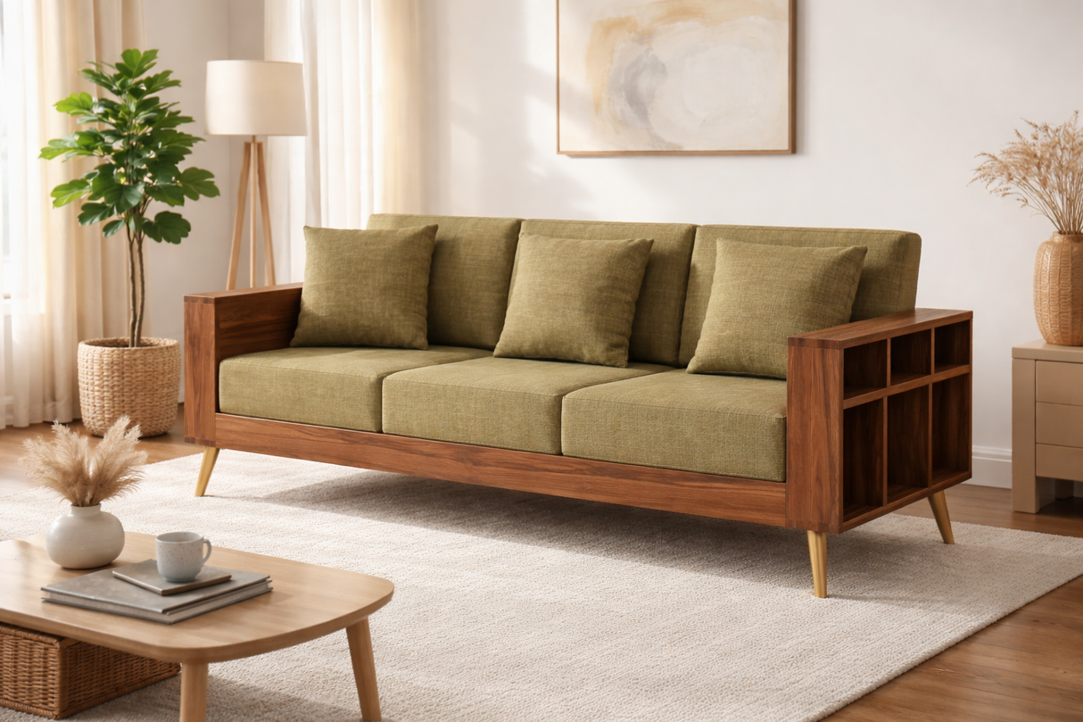 Bolt Solid Sheesham Wood 3 Seater Sofa With Side Storage - 3 Year Warranty (LUXE EDITION)