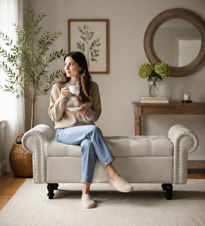 FABRIO Upholstered Ottoman Bench With Storage - 12 Months Warranty - Cream