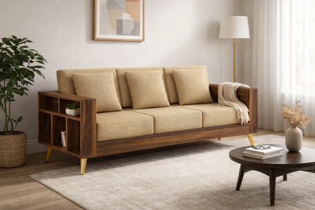 Bolt Solid Sheesham Wood 3 Seater Sofa With Side Storage - 3 Year Warranty (LUXE EDITION)