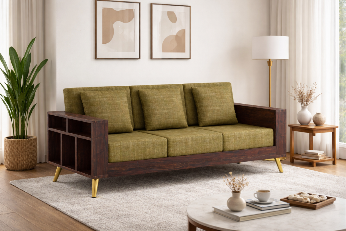 Bolt Solid Sheesham Wood 3 Seater Sofa With Side Storage - 3 Year Warranty (LUXE EDITION)