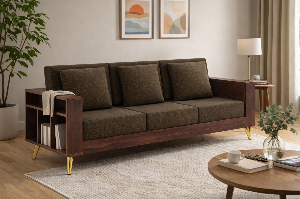 Bolt Solid Sheesham Wood 3 Seater Sofa With Side Storage - 3 Year Warranty (LUXE EDITION)