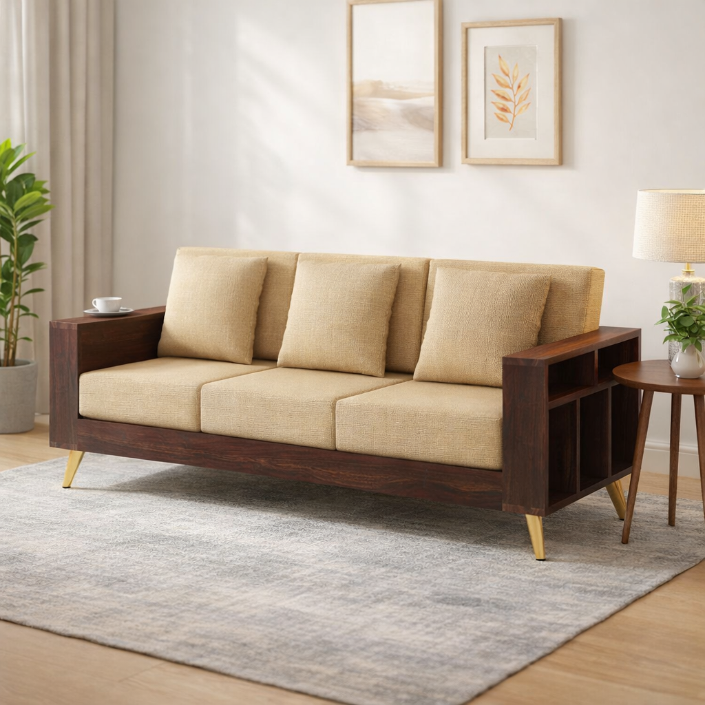 Bolt Solid Sheesham Wood 3 Seater Sofa With Side Storage - 3 Year Warranty (LUXE EDITION)