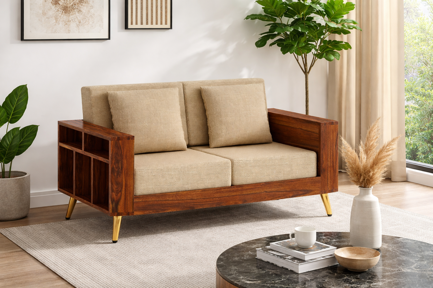 Bolt Solid Sheesham Wood 2 Seater Sofa With Side Storage - 3 Year Warranty (LUXE EDITION)