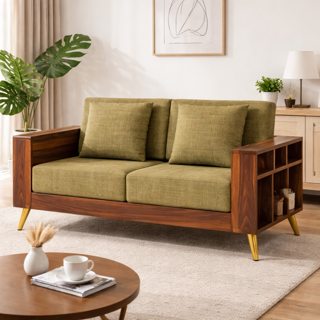 Bolt Solid Sheesham Wood 2 Seater Sofa With Side Storage - 3 Year Warranty (LUXE EDITION)