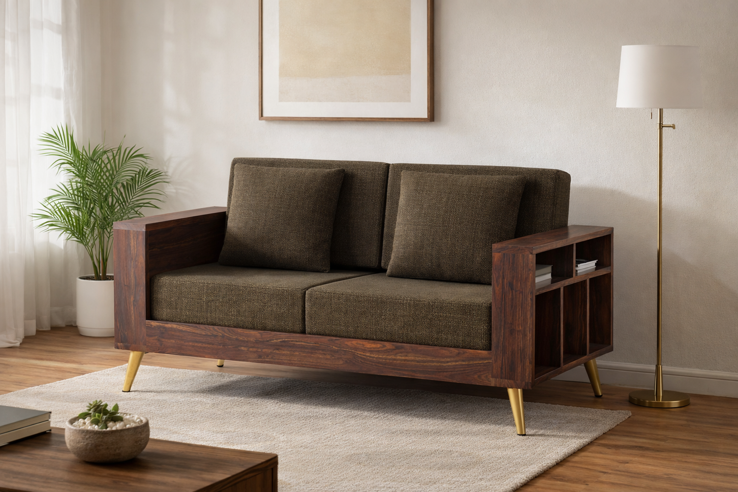 Bolt Solid Sheesham Wood 2 Seater Sofa With Side Storage - 3 Year Warranty (LUXE EDITION)