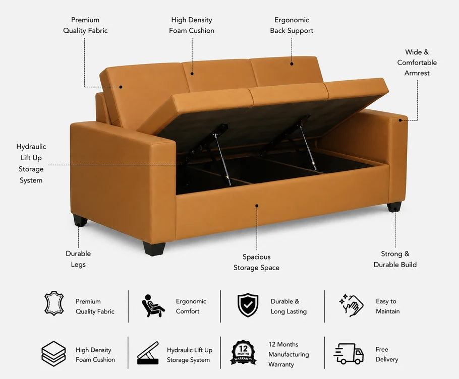 GOA Three Seater Upholstered Sofa With Storage - 12 Months Warranty - SAFFARON features